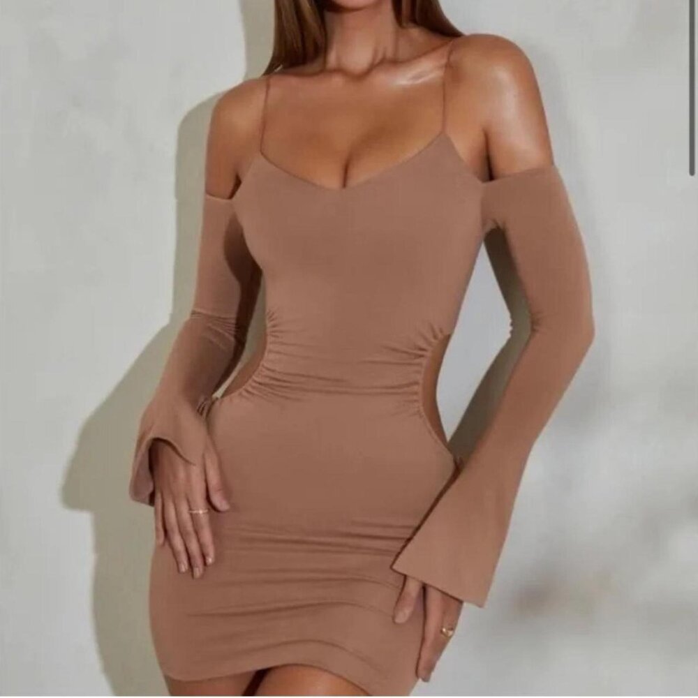 Oh Polly Rumi Long Sleeve Cut Out Mini Dress - Tan